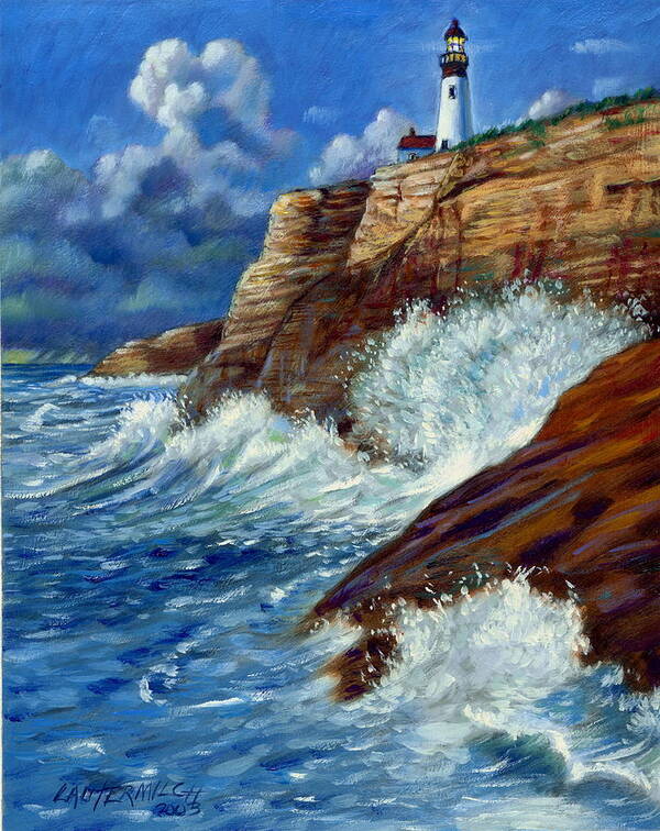 Lighthouse Art Print featuring the painting Psalm Forty Three-Three by John Lautermilch