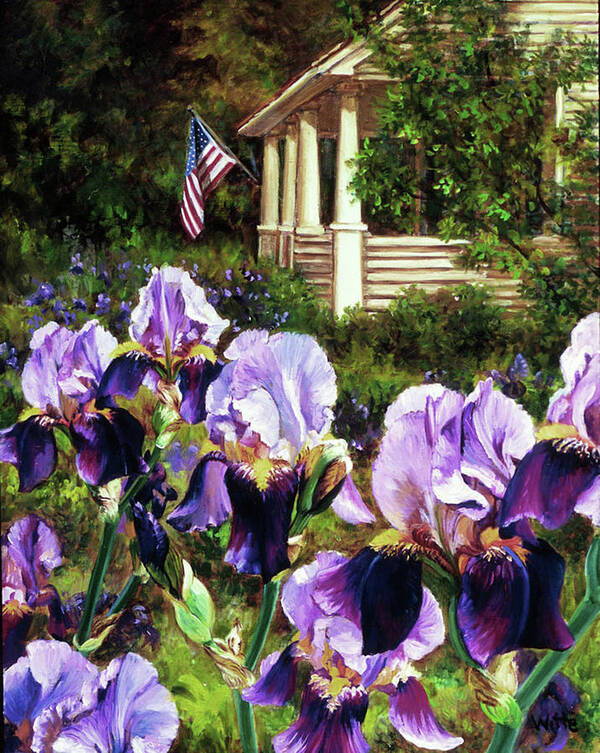 Iris Art Print featuring the painting Purple Irises by Marie Witte