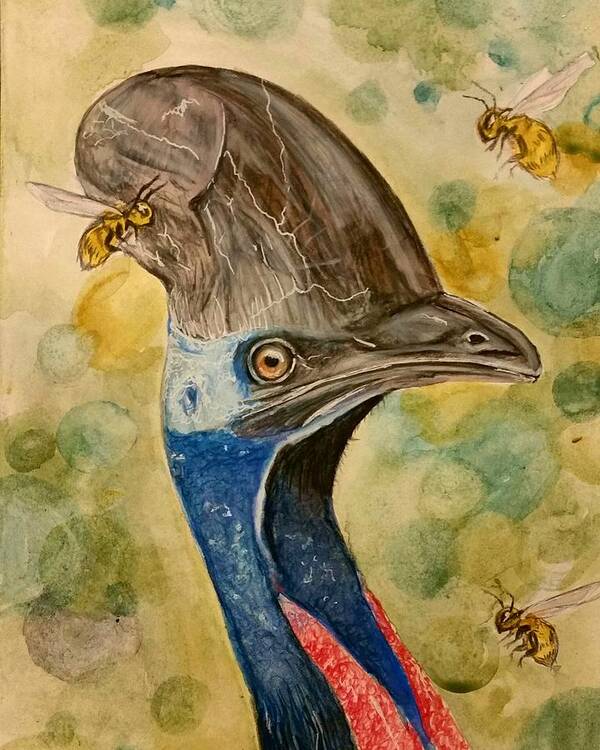 Bird Stork Crane Nature Wild Wildlife Feather Feathers Bill Colour Colouredpencil Colorpencil Realism Detail Cassowary Australian Bees Bee Hivebeehive Art Print featuring the drawing Queen Cassowary by Brooklynn Ash