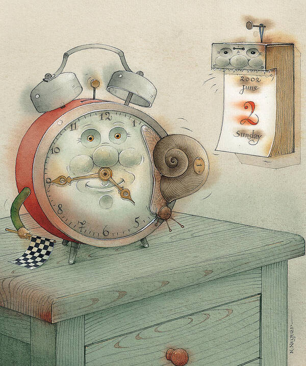 Race Clock Snail Calendar Time Art Print featuring the painting Race by Kestutis Kasparavicius