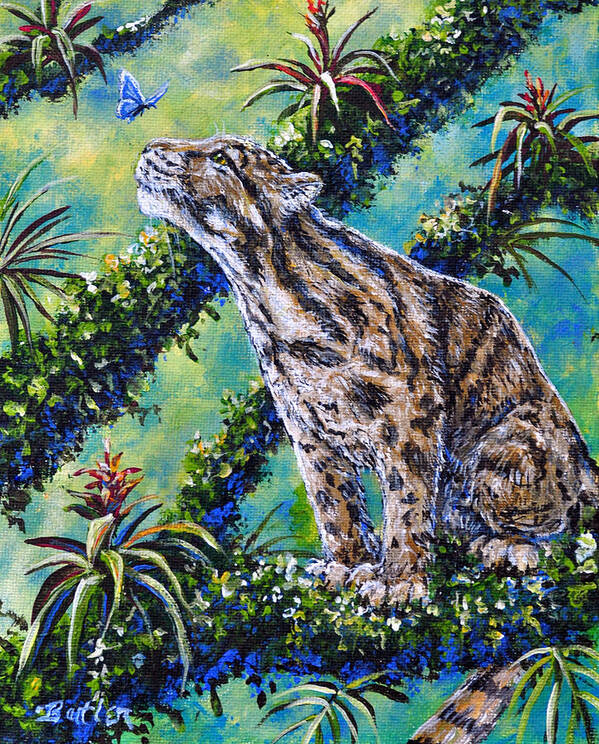 Nature Cat Leopard Rainforest Butterfly Green Art Print featuring the painting Rainforest Encounter by Gail Butler