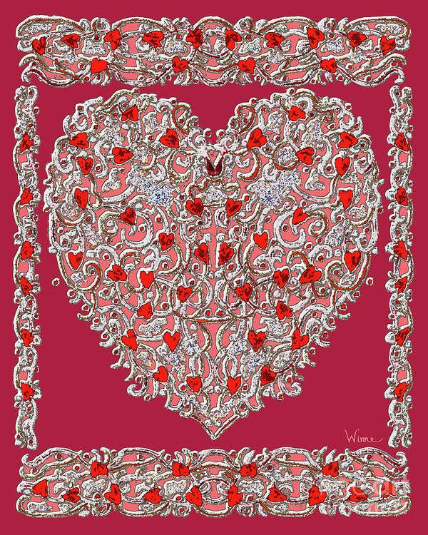 Lise Winne Art Print featuring the digital art Renaissance Style Heart with Dark Red Background by Lise Winne