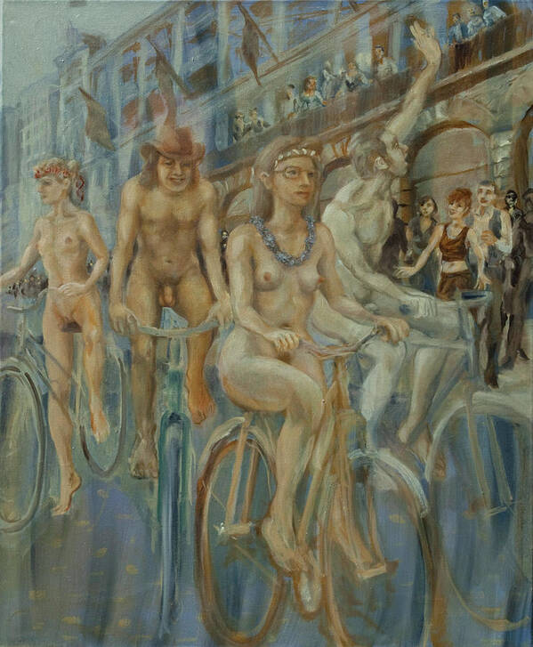 Nudes Art Print featuring the painting Riding passed Le Meridien in June by Peregrine Roskilly