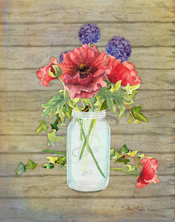 Watercolor Art Print featuring the painting Rustic Country Red Poppy w Alium n Ivy in a Mason Jar Bouquet on Wooden Fence by Audrey Jeanne Roberts