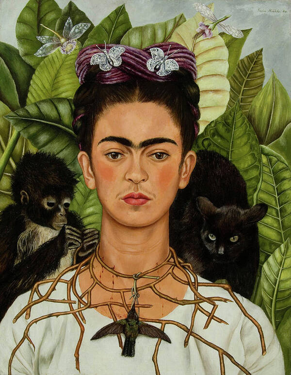 Frida Kahlo Art Print featuring the painting Self-Portrait with Thorn Necklace and Hummingbird by Frida Kahlo