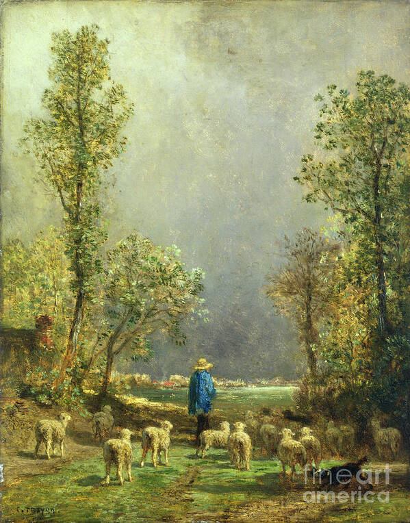 Sheep Art Print featuring the painting Sheep watching a Storm by Constant-Emile Troyon