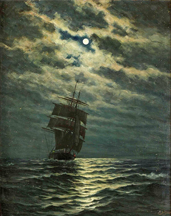 Martin Aagaard Art Print featuring the painting Ship in the Moonlight by Martin Aagaard