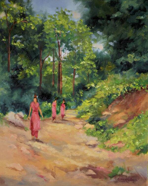 Nepal Landscapes Art Print featuring the painting Sisters in Nepal by Ginger Concepcion