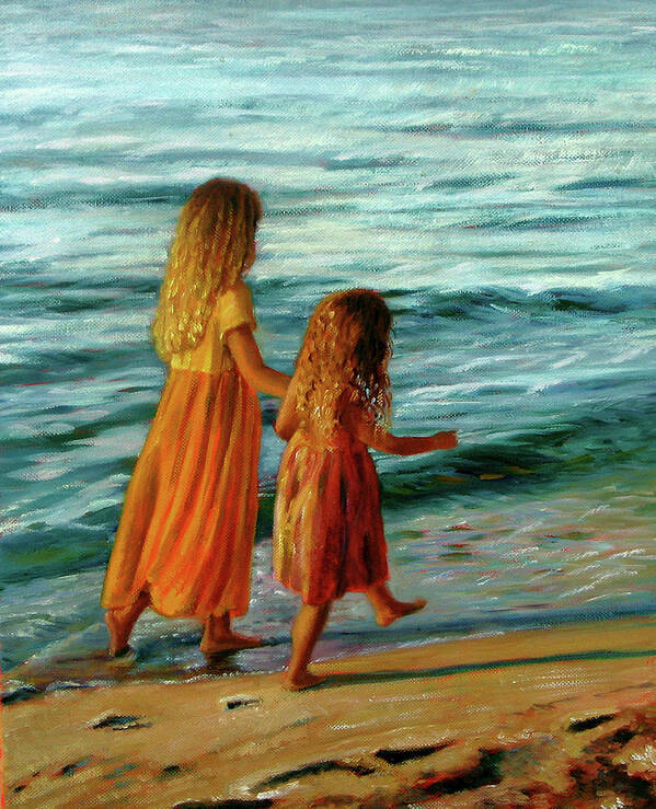 Young Sisters Art Print featuring the painting Sisters Walking by Marie Witte