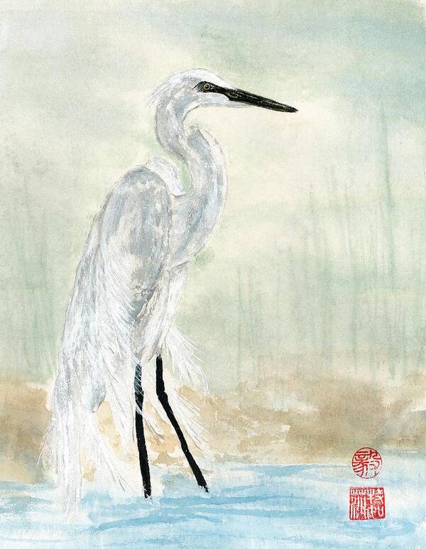 Egret Art Print featuring the painting Snow Egret by Terri Harris