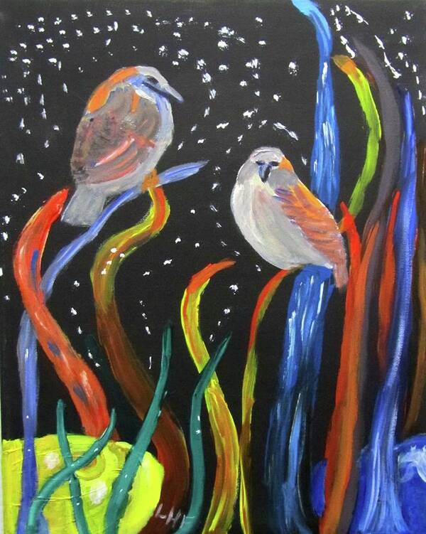 Sparrows Art Print featuring the painting Sparrows inspired by Chihuly by Linda Feinberg