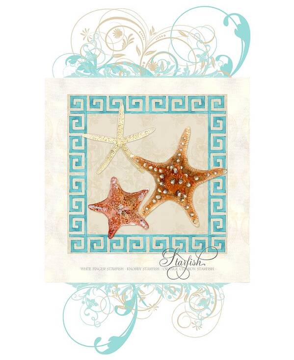 White Finger Starfish Art Print featuring the painting Starfish Greek Key Pattern w Swirls by Audrey Jeanne Roberts
