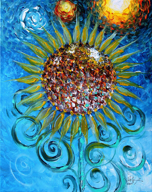 #sunflower #sunflowerart #art #flower #flowerart #vangogh #style #modern #crazy #you #blue #scarpace #sun #sun #stars #starrystarry #romanticart #romantic Art Print featuring the painting Still Crazy About You by J Vincent Scarpace