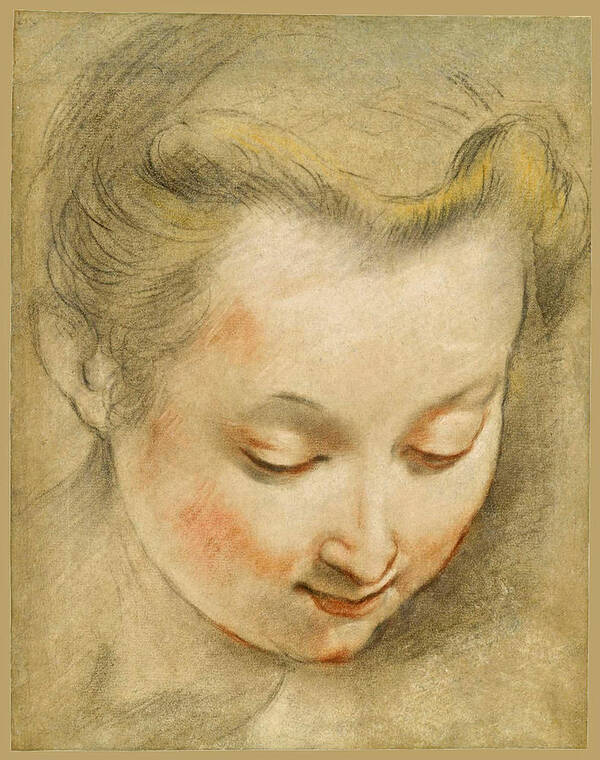 Federico Barocci Art Print featuring the drawing Study of the Head of a Young Woman looking down to the Right by Federico Barocci