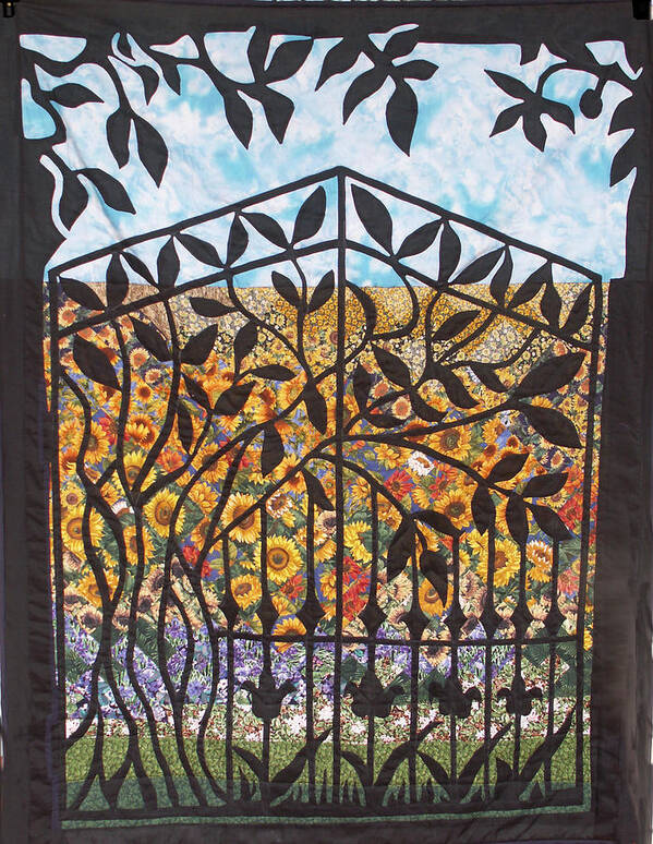 Sunflowers Blooming Art Print featuring the tapestry - textile Sunflower Garden Gate by Sarah Hornsby