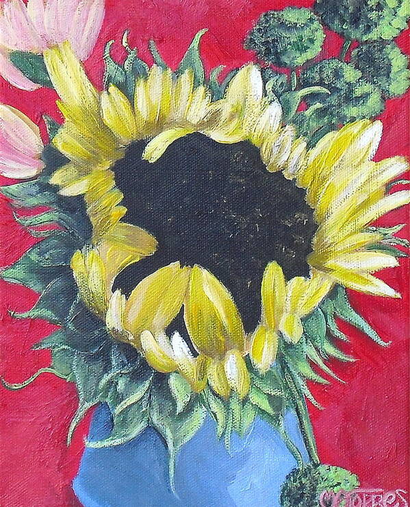 Sunflowers Art Print featuring the painting Sunflower on Red by Melissa Torres