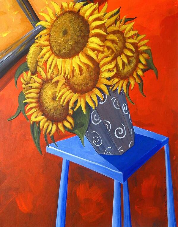 Painting Art Print featuring the painting Sunflowers On Blue Table by Debbie Criswell