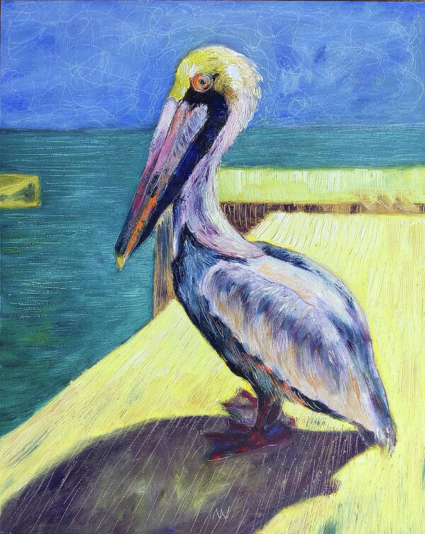 Pelican Art Print featuring the painting Sunny Pelican by AnneMarie Welsh