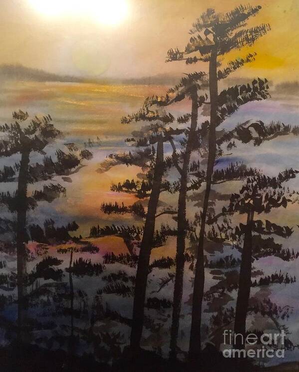  Sunrise Landscape Lake Ocean Trees Chinese Art Print featuring the painting Sunrise by Carol DENMARK