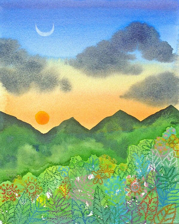 Jungle Forest Mountains Sunset Crescent Moon Tropical Art Print featuring the painting Sunset over the forest- cloaked mountains by Jennifer Baird