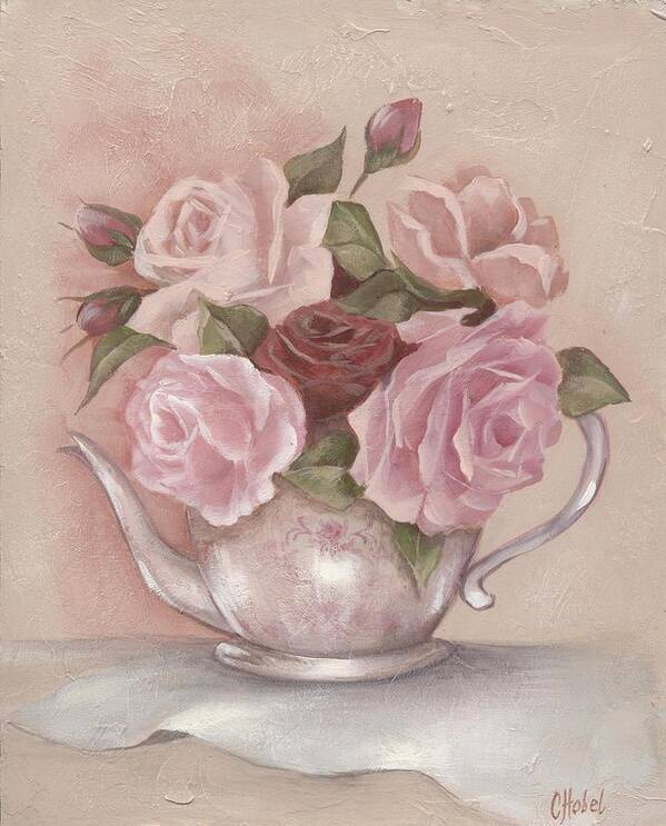 Shabby Chic Art Print featuring the painting Teapot Roses by Chris Hobel