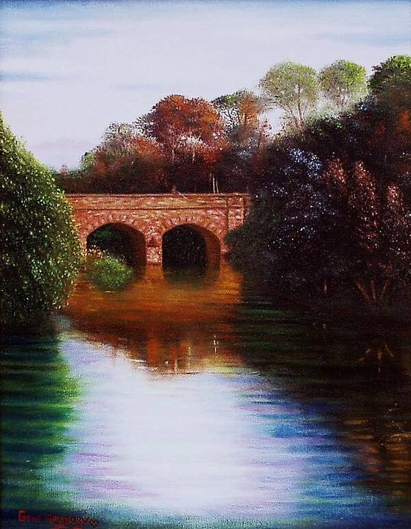 River With A Bridge Landscape Art Print featuring the painting The Margey by Gene Gregory
