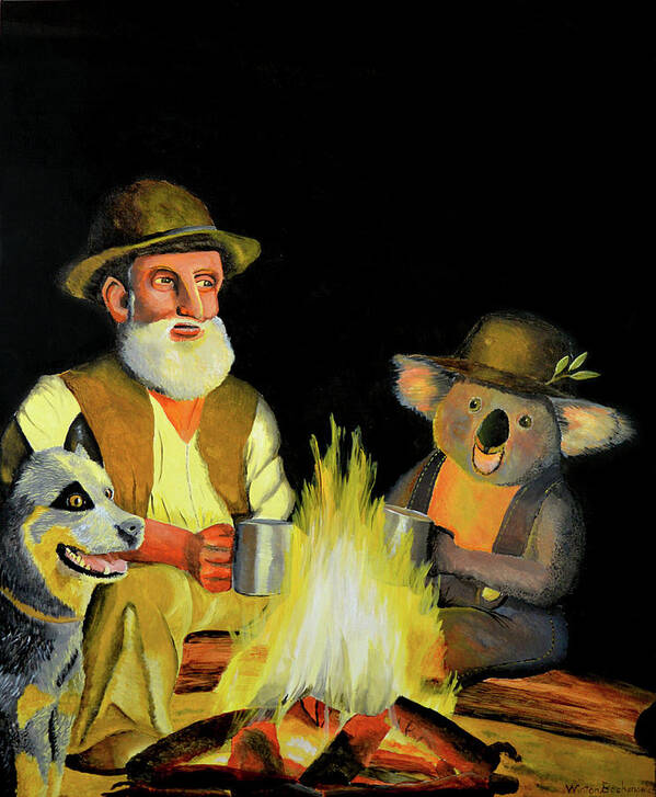 Australian Art Art Print featuring the painting The Swagman and the Koala by Winton Bochanowicz