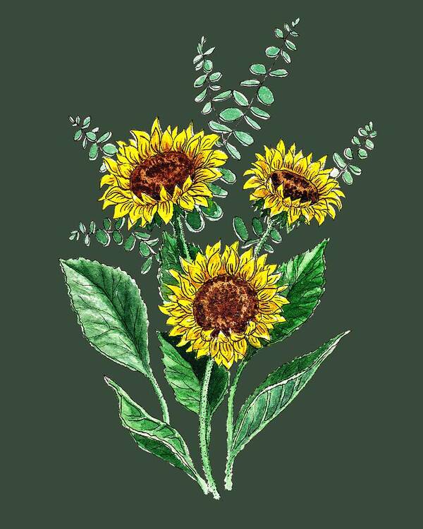 Sunflowers Design Art Print featuring the painting Three Playful Sunflowers by Irina Sztukowski