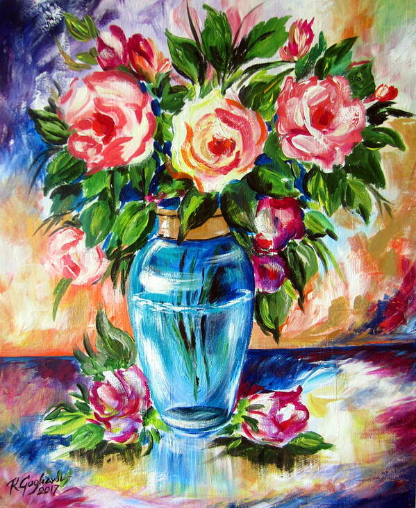 Roses Art Print featuring the painting Three Roses in a Glass Vase by Roberto Gagliardi