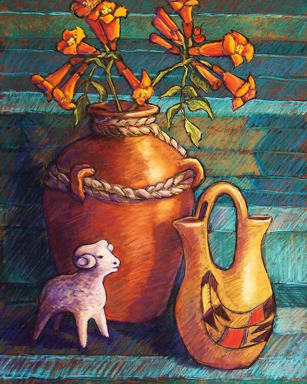 Still Life Art Print featuring the pastel Trumpet Vines and Pottery by Candy Mayer