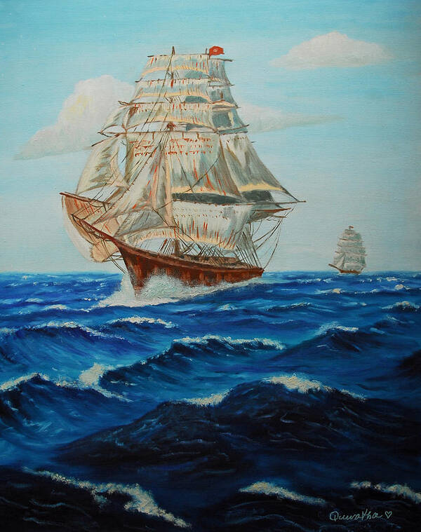 Ship Art Print featuring the painting Two Ships Sailing by Quwatha Valentine