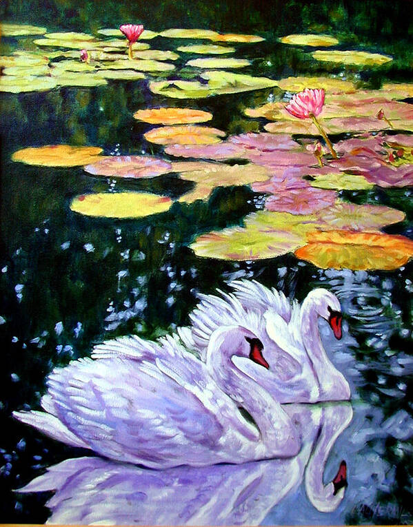 Swans Art Print featuring the painting Two Swans in the Lilies by John Lautermilch