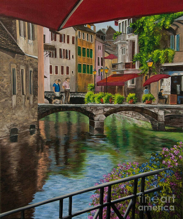 Annecy France Art Art Print featuring the painting Under the Umbrella in Annecy by Charlotte Blanchard
