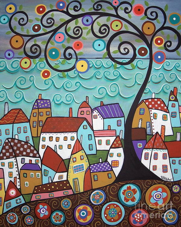 Seascape Art Print featuring the painting Village By The Sea by Karla Gerard