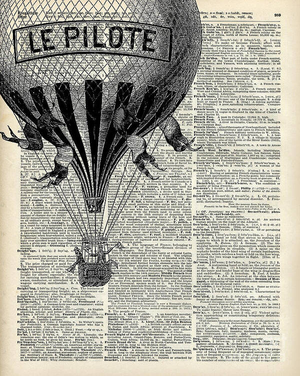 Vintage Hot Air Balloon Art Print featuring the digital art Vintage Hot Air Balloon Illustration,Antique Dictionary Book Page Design by Anna W