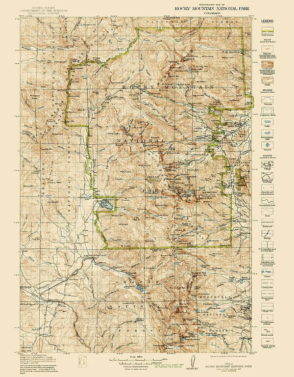 Rocky Mountain National Park Art Print featuring the drawing Vintage Map of Rocky Mountain National Park - Colorado - 1919/1940 by Blue Monocle