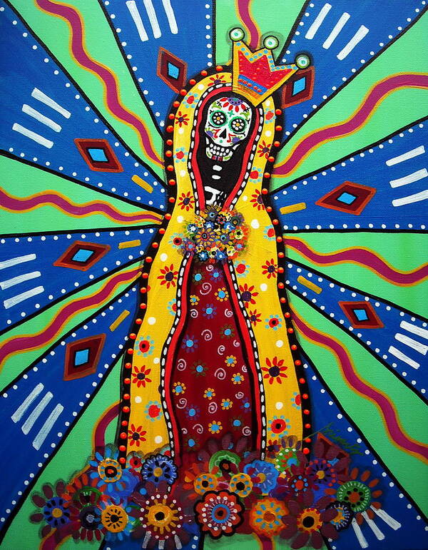 Virgin Guadalupe Day Of The Dead Painting Mexican Our Lady Of Guadalupe Dia De Los Muertos Flowers Blooms Paintings Prints Posters Original Folk Art Art Print featuring the painting Virgin Guadalupe Day Of The Dead Painting by Pristine Cartera Turkus