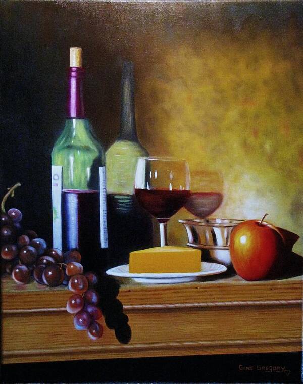 Oil On Canvas Art Print featuring the painting Wine and cheese by Gene Gregory