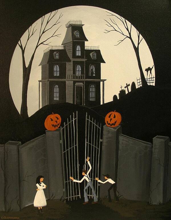 Haunted House Art Print featuring the painting You First - artist folkartmama by Debbie Criswell