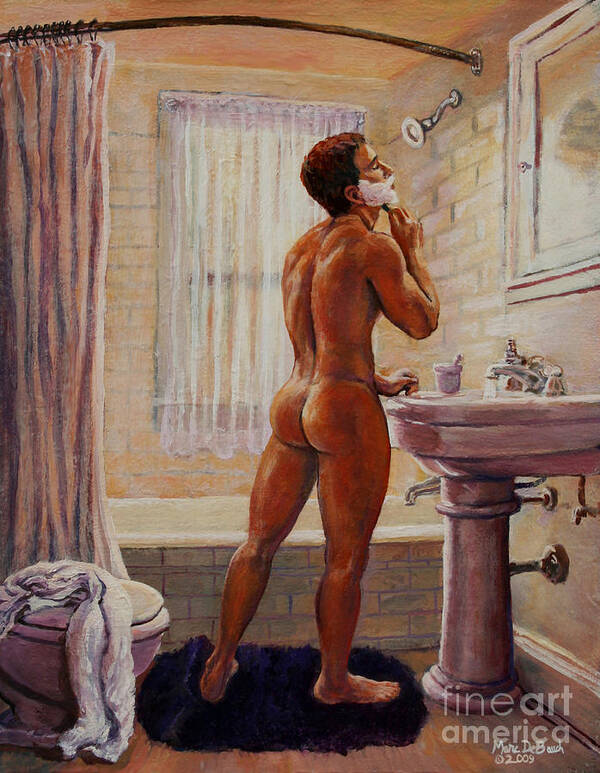 Bathroom Art Print featuring the painting Young Man Shaving by Marc DeBauch
