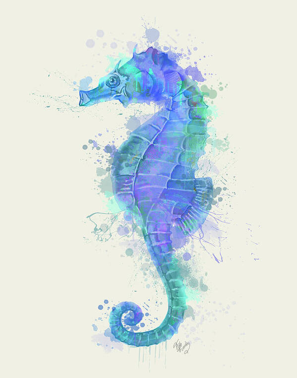 Steampunk Art Print featuring the painting Seahorse Rainbow Splash Blue #1 by Fab Funky