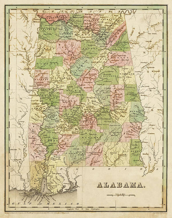 Alabama Art Print featuring the digital art 1838 Map of Alabama Historical Map by Toby McGuire