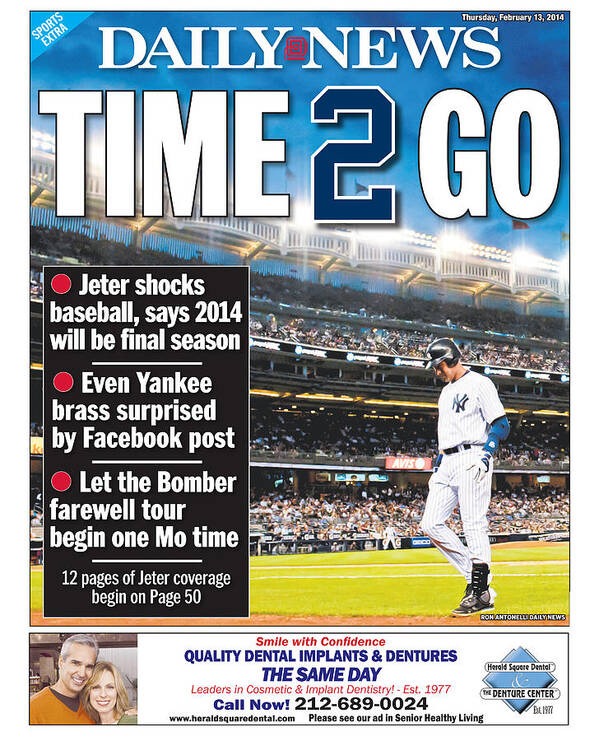 American League Baseball Art Print featuring the photograph Daily News Back Page Derek Jeter by New York Daily News