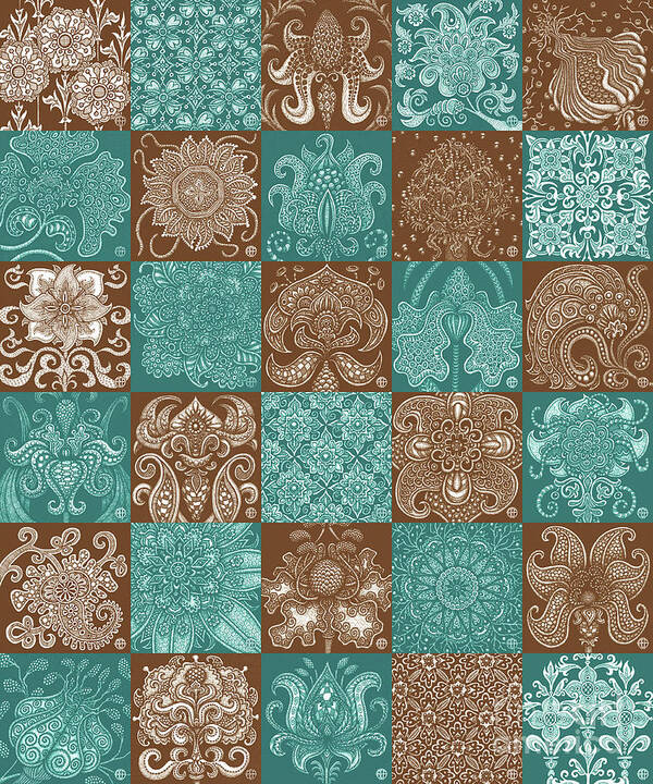 Boho Art Print featuring the drawing Alien Bloom Patchwork Teal and Brown by Amy E Fraser