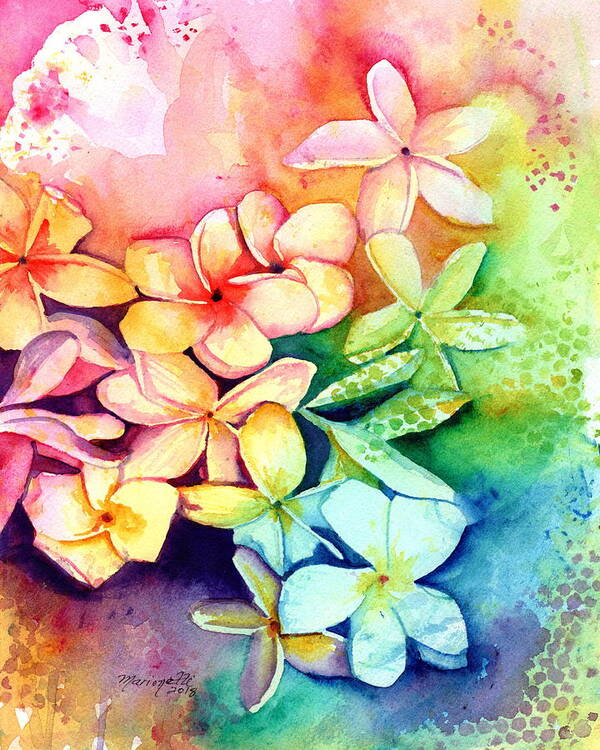 Plumeria Art Print featuring the painting Aloha Plumeria Blossoms by Marionette Taboniar