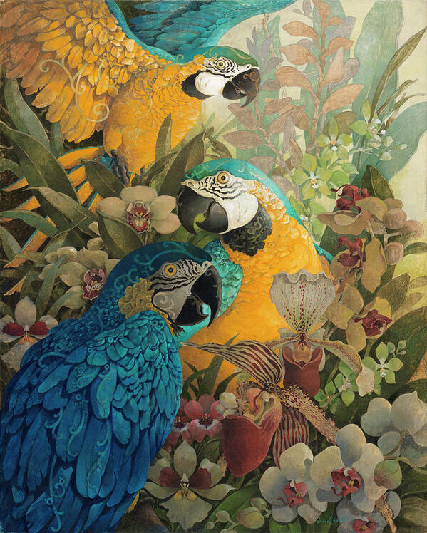 Parrots Art Print featuring the painting Amazon by David Galchutt