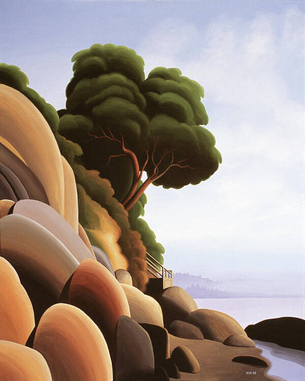 Trees Growing Out Of Cliffs Rocks Coming Down To Beach Art Print featuring the painting Arbutus by Ron Parker
