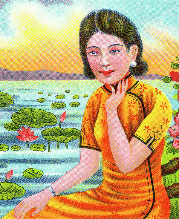 Adult Art Print featuring the drawing Asian Woman by a Pond by CSA Images