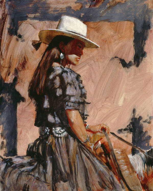 Native American Cowgirl On Horse Art Print featuring the painting At A Walk by J. E. Knauf