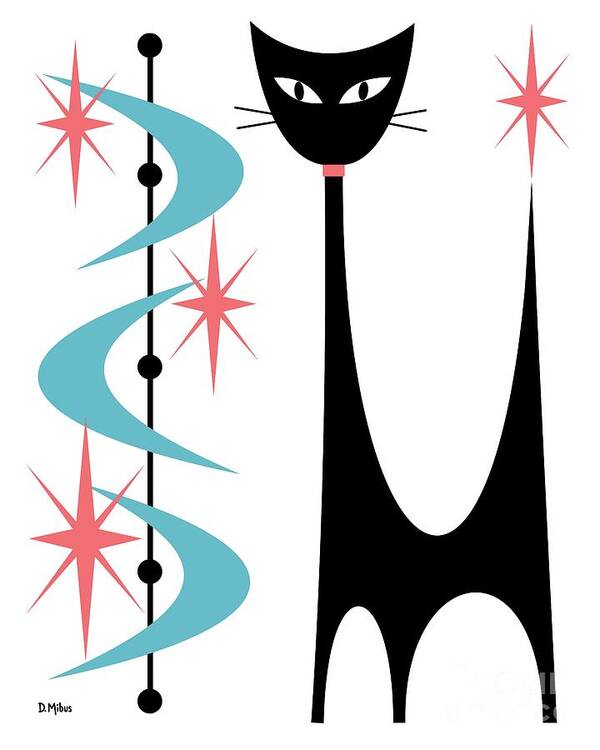 Mid Century Modern Art Print featuring the digital art Atomic Cat Blue and Pink on White by Donna Mibus